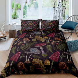 Wild Mushroom Duvet Cover Set Burgundy Plant Autumn Leaves Bedding Set for Teens Women Farmhouse Style Snail Print Comforter Cover Soft Polyester Quilt Cover 2 Pillow Case,Queen Size