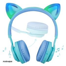Riwbox Kids Headphones, CT-7S Cat Ear Bluetooth Headphones 85dB Volume Limiting,LED Light Up Kids Wireless Headphones Over Ear with Microphone for Tablet/Kindle/Laptop/PC/TV(Blue&Green)