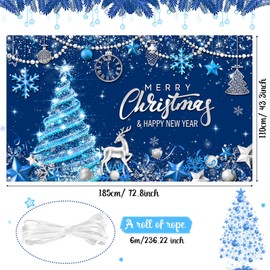 Tiamon Merry Christmas Party Backdrop Christmas Banner Background Xmas Tree New Years Eve Photography Background for Christmas New Years Eve Party Decoration Supplies (Blue Gold, 72.8 x 43.3 Inch)