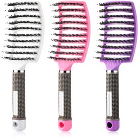 3 Pieces Curved Vented Boar Bristle Hair Brushes Fast Dry Detangling Hair Brush Curved Vented Styling Hair Brush Fast Blow Drying Hair Brush for Wet, Long and Curly Hair, 3 Colors