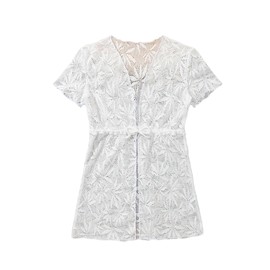 WDIRARA Girl's Tropical Pattern Lettuce Hem Mini Cover Up Dress Collarless Neck Short Sleeve Mesh Beach Dress White 9Y