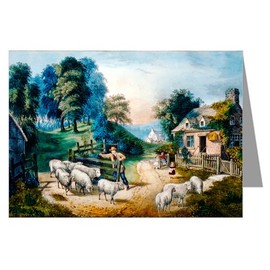 12 Notecards of Currier and Ives Handcolored Lithograph Depicting a Roadside Cottage.