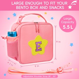 WOBAGMEN Initial Lunch Box for Women Kids Girls,Cute Pink Insulated Lunch Bag with Chenille Letter, Reusable Square Bento Lunch Box for School Office Picnic,Kids Lunch Bag for Teen Girls(Pink, E)