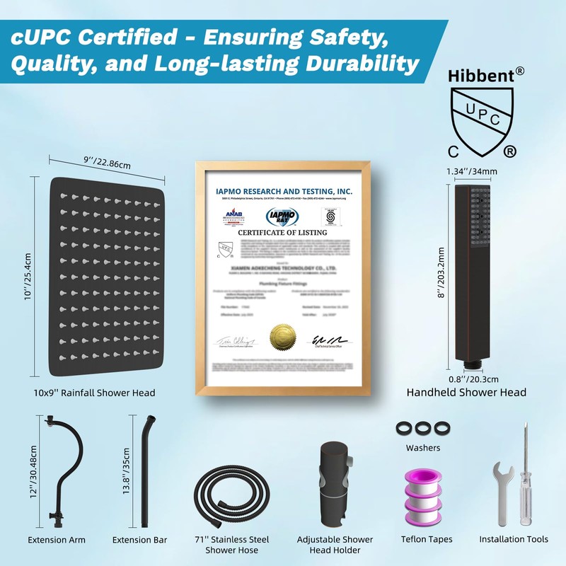Hibbent cUPC Certified High Pressure 10'' Rainfall Shower Head, Showerhead
