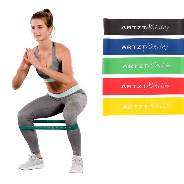 ARTZT vitality Theraband Rubber Band Mini Band Fitness Band for Training Arms, Legs, Buttocks and Stomach Sports Band with 5 Strengths in Set Multicoloured, 25 x 5 cm