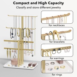 Jewelry Holder Organizer, 12.5'' Tall Sturdy Metal Stand, 3-Tier Jewelry Hanger for Necklace, Earring, Bracelet, Ring, for Display and Storage, Aesthetic Room Decor, Gold Jewlery Tree with White Tray