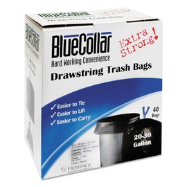 BlueCollar N6034YKRC1 Drawstring Trash Bags, 20-30gal, 1mil, 30 x 34, Black, 40/Box