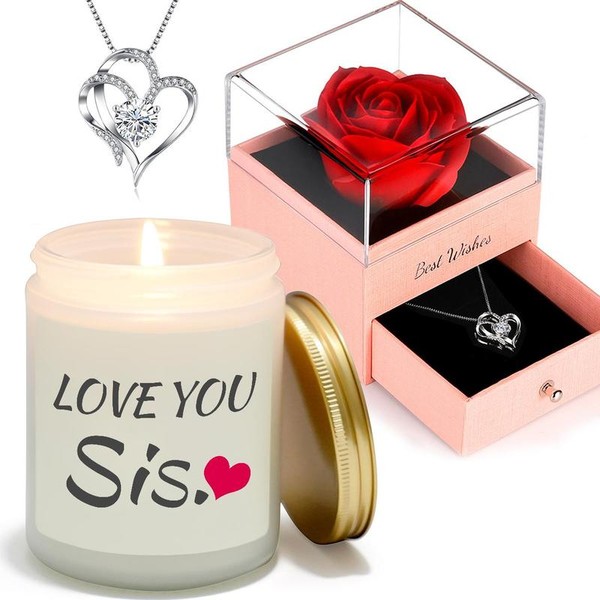 Lavender Aroma Scented Candle with Heart Necklace & Rose Box,