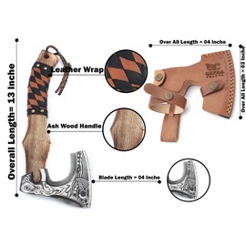 QEPAA CRAFTS 13” Inch Valhalla Axe – Carbon Steel Viking Axe Head with Engraved Handle, Hatchet Axe with Genuine Leather Sheath and Wrap, Camping Axe, Throwing Axe -Viking Gift for Men