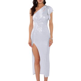 WOMLAYOUT Women's Glitter Metallic Dresses Knot Slit Hem One Shoulder Cocktail Maxi Dress Medium White
