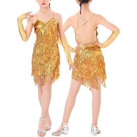 Happy Cherry Girl's Sequin Tassel Dress Latin Dance Skirt Costume Sparkling Kids Ballet Tango Rumba Dancewear with Gloves Gold 10-12 Years