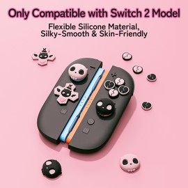 GeekShare Skull D-Pad Button Caps Silicone Thumb Grips Set, ABXY Key Buttons Sticker Joystick Cover Caps Compatible with Switch 2, Pink & Black
