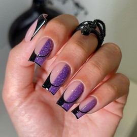 24Pcs French False Nails, Square Press on Nails Medium Length Black Purple Tip Fake Nails with Glue Stickers, Acrylic Full Cover Removable Glue on Nails Elegant Stick on Nails for Women Girls