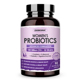 ZEBORA Probiotics for Women Digestive Health with Enzymes & Prebiotics 100 Billion CFUs| Vaginal Probiotics with D Mannose & Cranberry | Urinary Tract Health | Immune Support, 90 Capsules