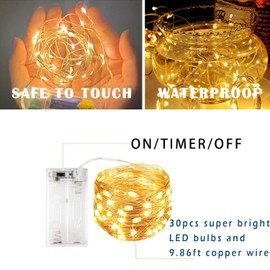 Paquete de 7 luces LED de hadas que funcionan con pilas con temporizador, 3 m, 30 luces LED de luciérnaga, alambre de cobre, mini luces centelleantes, para recámara, Navidad, decoraciones de boda, blanco cálido