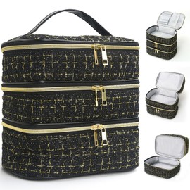 Apxouans Travel Makeup Bag for Women Three Layer Large Cosmetic Case Water-resistant Toiletry Bag Organizer for Store Toiletries Cosmetic Accessories and Manicure Sets Gold Black