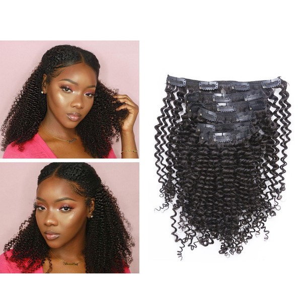 Afro Kinky Curly Clip in Human Remy Hair Extensions Brazilian Curly Clips Hair Extensions 4B 4C 8A Virgin Thick Natural Black Color Clip on For Black Women 10-22 inch (20 inch, KC #1B)