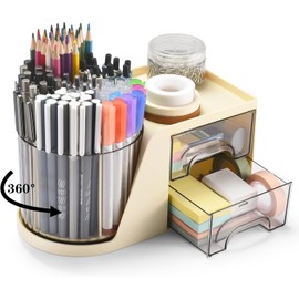 Mtxorvix Organizador de Escritorio Giratorio con 2 Cajones, Portalápices para Escritorio, Organizador de Escritorio, con 4 Compartimentos + Cajón para Material Artístico de Oficina en Casa (Amarillo)