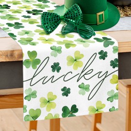 Jbralid St. Patrick's Day Table Runner Green Lucky Clover Shamrock Spring Table Cloth Decorations for Home Dining Room Party Decor 13x72 Inch