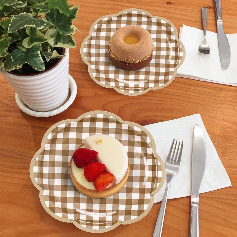 JarThenaAMCS 60 Pcs Brown Gingham Plaid Paper Plates Dessert Plates
