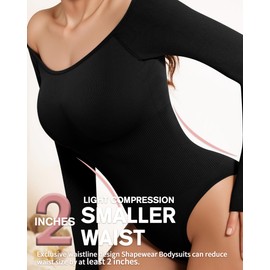 MANGOPOP Shapewear Tummy Control Bodysuit Off The Shoulder Long Sleeve Body Suits for Womens Ribbed Seamless Tops