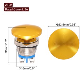 MECCANIXITY 2PCS 3A 16MM 5/8" Momentary Mushroom Head Push Button Switch 12V 24V 120V 250V AC Gold 1NO Waterproof IP65 SPST Domed Round 2 Screw Foot Button Switch
