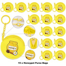 Elecrainbow 15 Pack Honey Pot Mini Coin Purses with Keyring for Bumble Bee Baby to Bee Baby Shower Gender Reveal Party Supplies,Yellow