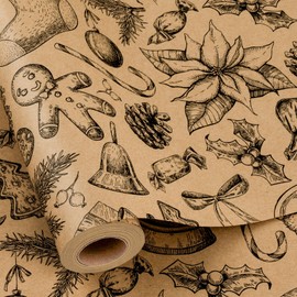 MAYPLUSS Kraft Christmas Wrapping Paper Roll, Vintage Brown Kraft Christmas Ornaments, Gingerbread Cookies & Holly Berry Design Holiday Wrapping Paper for Winter, Natural Lover (17 Inch X 33 Feet)