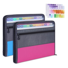 MEGREZ A4 Paper File Folder with 13 Pockets, Accordion File Folder with Zipper File Folder Organizer for Office, Waterproof Expanding File Folder with Tabs, Pink & Blue(2 Packs)