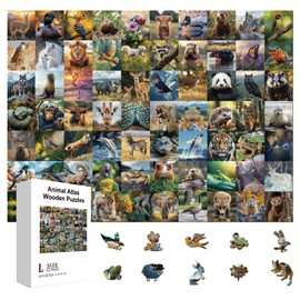GLOBLELAND 300Pcs 70 Animal Atlas Wooden Jigsaw Puzzles for Toddler Children Learning 11.22x15.16inch Colorful Wild Animals Wood Puzzles Holiday Birthday Gifts for Preschool Learning
