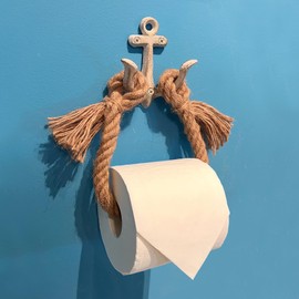 Perfeso.L Nautical Toilet Paper Holder Bathroom Decor Coastal Rope Towel Rack Towel Ring Tassel Tie-Back Curtain Holder with Industrial Metal Anchor Hook for Seaside Beach Themed Bathroom–White