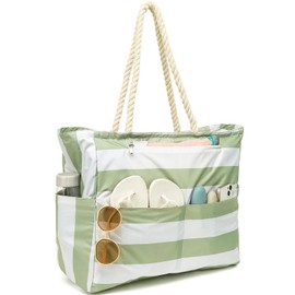 Fammart Large Beach Bag for Women, Waterproof Gym Travel Tote Bag with Lunch/Wet Pocket, Sandproof, Top Zipper Closure, Light Green, Large