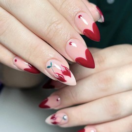 Press on Nails Medium Almond Fake Nails with Heart French Designs Pink Full Cover Nails Press ons Red Cherries Wave Point Artificial Romantic False Nails for Women Girl 24 Pcs