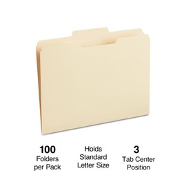 MyOfficeInnovations 116780 Manila File Folders,3-Tab, Center Pos., LTR,100/BX