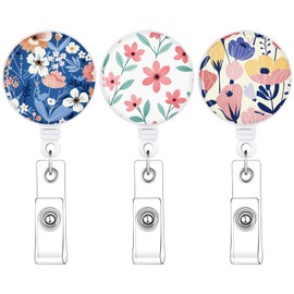 BESARME 3 Pack Badge Reels Retractable Badge Clip with Key Ring Retractable Badge Holders for Office Worker Teacher Nurse Student（Flower）