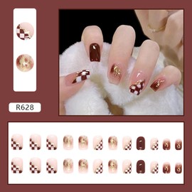 24PCS Full Cover Reusable False Nails Kits, Short Length Press on Nails, Artificial Acrylic Fake Nails for Women, Short Coffin Press on Nails Design, Glue on Nails Fake Nails for Nail Art