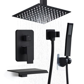 RTOBWEYE 8 Inch Shower Faucet Set, Ceiling Mounted Rainfall Shower System with High Pressure Handheld Shower Head, Bathroom Mixer Shower Set Rough-in Valve and Trim Kit, Matte Black, with Tub Spout