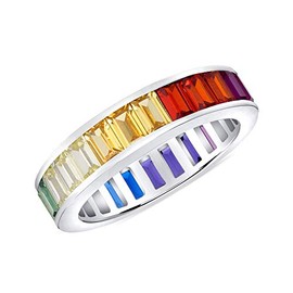 Jewelry by Debbie 925 Sterling Silver Rainbow Multi Color Baguette Cz Eternity Promise Wedding Band 5.5mm Ring Rhodium Plated (6)