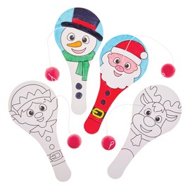 Baker Ross FX663 Christmas Wooden Paddleball Colouring Sets - Pack of 6, Christmas Party Bag Fillers for Kids