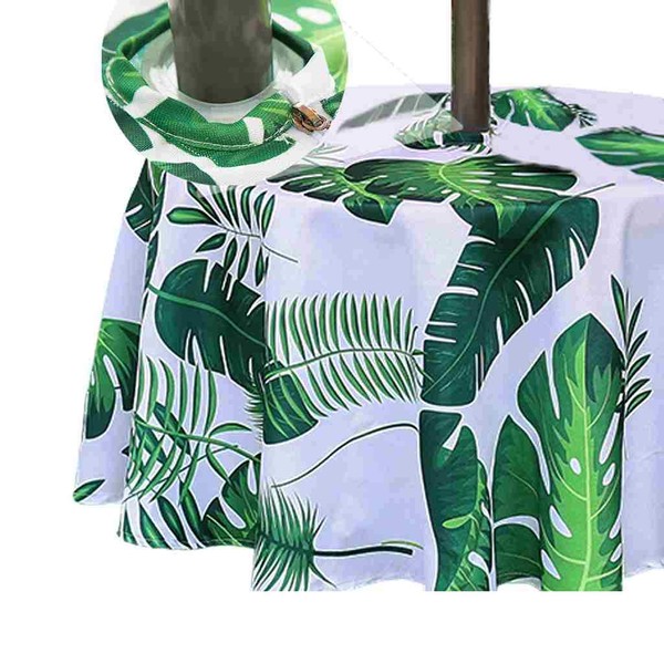 Eternal Beauty 152cm Round Palm Leaf Indoor Outdoor Splashproof Tablecloth with Umbrella Hole and Zipper for Patio Garden Party and BBQ （60"）