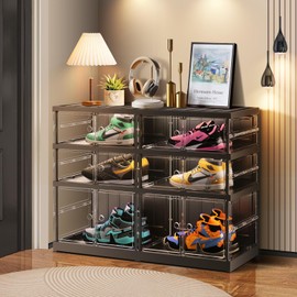 CIMLORD 3-Tier Foldable Shoe Rack for Closet Entryway 6-12Pairs,Stackable Clear Shoe Storage Boxes Organizer with Door Plastic Small Shoe Cabinet Bins with Lids Shoes Shelf Easy Assembly Black