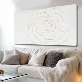 NBAODAN Textured Wall Art Abstract Floral Painting White Pictures Wall Decor Gold Line Art 24"x 48" Large Artwork For Living Room Bedroom office Wall Decor