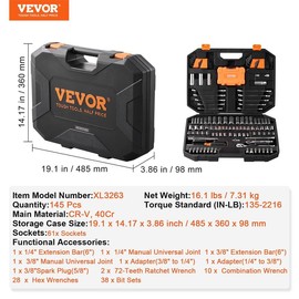 VEVOR Mechanics Tool Set and Socket Set with 1/4" 3/8" 1/2" Drive Deep and Standard Sockets, Max 450 Pcs SAE and Metric Tools, Portable Mechanics Kit Wrench Hardware:_1/4"、3/8" - 106 Pcs