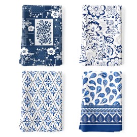 Arquiel Retro Blue Pattern Tea Towels, 100% Cotton Kitchen Towel Set 20×27.5inch, Multi-Purpose Quick Dry Dish Towels Dishcloths Hand Towels Bar Towels(Set of 4)
