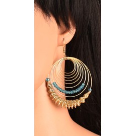 Touchstone Indian Bollywood Modern Style Handcrafted Wire Concentric Blue Glass Beads Pretty Look Designer Jewelry Long Earrings In Gold Tone For Women.