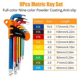 WrightFits Allen Key Set | 9 Pieces Diamond Cut Metric Hex Key Set | Color Coded - Long Arm Rubber Coated Hexagon Key -L- Allen Keys - Hand Tool - 1.5mm to 10mm (Metric)