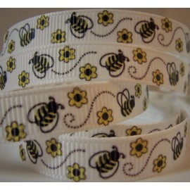Grosgrain Ribbon - White with Yellow and Black Bee Print - 3/8"W - 10 Yards, Great for Hair Bows, Crafts and Gift Wrapping!