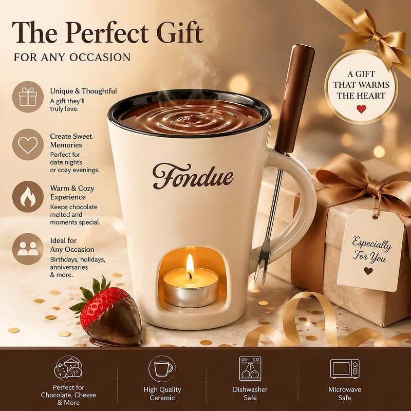 Ceramic Chocolate Fondue Mug Set with Dipping Fork, Mini Tea