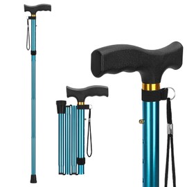 supregear Folding Cane, Lightweight 5-Level Height Adjustable Walking Stick with Wrist Strap and T Handle Travel Cane for Elderly Disabled Men Women Balancing Mobility Aid Portable Cane, Blue