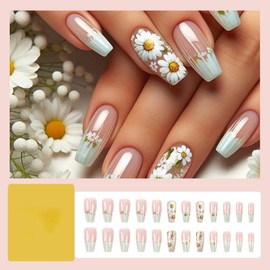 24 Pcs French Green Press on Nails Medium Length Coffin, ZIFANHU Spring Fake Nails Press ons Pink Nail Tips Glue on Nails Full Cover Acrylic False Nails with Sunflower Design Stick on Nails for Women